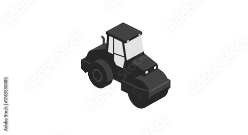 Isometric black steamroller icon for construction projects