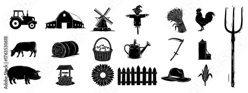 Farm and agriculture icon set. Collection of vintage farming symbols and animals