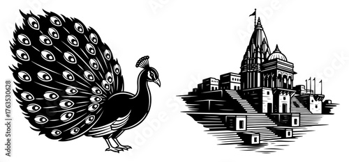 Indian Culture Symbols Vector Set. Peacock Bird and Hindu Temple on Varanasi Ghats