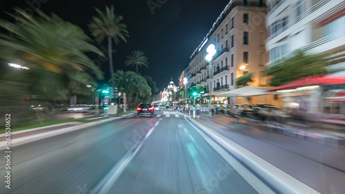 Fototapeta Naklejka Na Ścianę i Meble -  Driving on the night streets in Nice timelapse hyperlapse drivelapse, France.