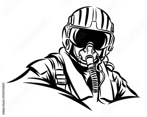 Fighter Jet Pilot Bust Vector Illustration. Military Air Force Aviator in Helmet and Mask Logo