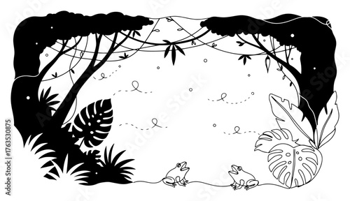 Jungle frame with tropical plants and frogs. Vector nature border for kids illustration