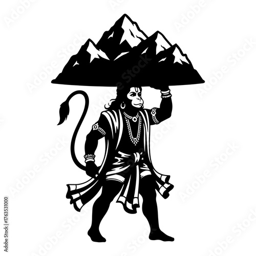 Hanuman Carrying Mountain Heroic Monkey God from Ramayana Mythology Black and White Vector