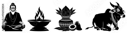 Hindu Puja Ritual Icon Set. Sadhu Yogi Kalash and Sacred Cow Vector Silhouette