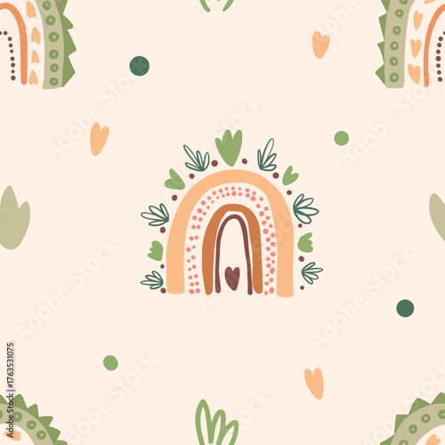 Seamless pattern with colorful hand-drawn rainbows and hearts. Cute boho vector background for kids, textile, wallpaper, wrapping paper, nursery decor, baby prints. Vector illustration.