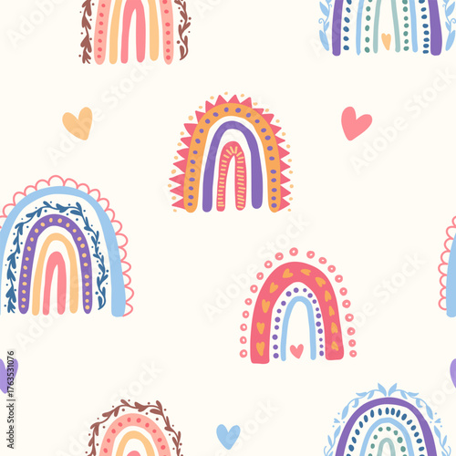 Seamless pattern with colorful hand-drawn rainbows and hearts. Cute boho vector background for kids, textile, wallpaper, wrapping paper, nursery decor, baby prints. Vector illustration.