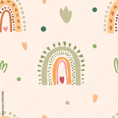 Seamless pattern with colorful hand-drawn rainbows and hearts. Cute boho vector background for kids, textile, wallpaper, wrapping paper, nursery decor, baby prints. Vector illustration.