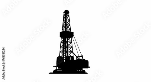 Silhouette of oil rig tower against clear sky on white background