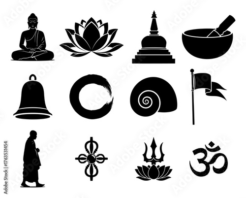 Buddhism and spiritual symbols vector icon set with Buddha lotus and Om sign
