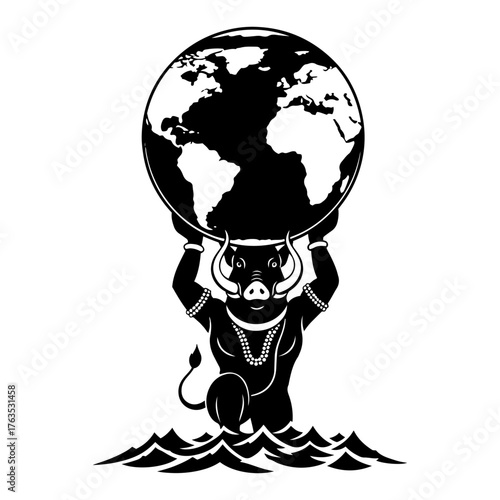 Powerful Bull Holding Planet Earth Above Waves Strength and Global Concept Black and White Vector