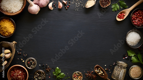Rustic Mediterranean cooking ingredients with herbs and spices on dark kitchen background