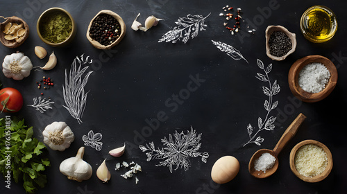 Rustic Mediterranean cooking ingredients with herbs and spices on dark kitchen background