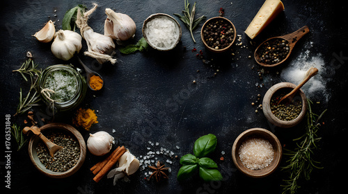 Rustic Mediterranean cooking ingredients with herbs and spices on dark kitchen background