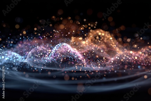 Abstract lights background with blue, pink, and gold bokeh particles. It can add a magical touch to any creative project.