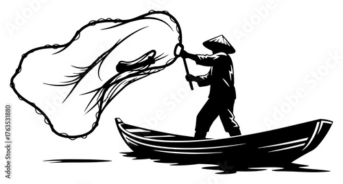 Asian Fisherman Casting Net from Boat Vector. Traditional Fishing in Conical Hat Silhouette