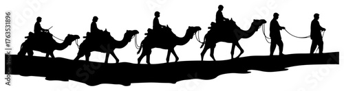 Camel Caravan in Desert Silhouette Vector. People Riding Camels on Journey. Arabian Landscape Banner