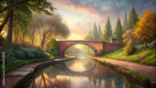 Romantic stroll through Ravenna park with picturesque canal and ancient bridge in background