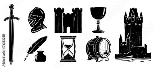 Set of medieval icons in vintage woodcut style. Knight fantasy and history symbols