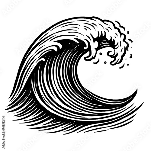 Powerful black and white stylized ocean wave vector illustration depicting a dynamic breaking sea crest. Ideal for surf culture designs, marine graphics, traditional Japanese art, and nature projects