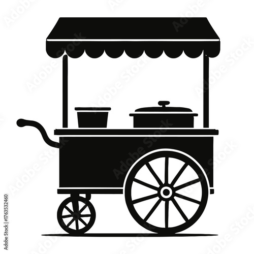 Classic Street Food Cart Silhouette Vector Icon - Traditional Mobile Vendor Stand for Market, Fairgrounds, or Events, Selling Hot Snacks and Beverages - Concession Booth Design Element