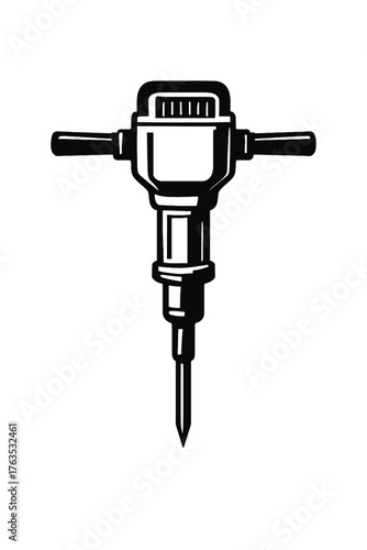 Black and white vector illustration of a powerful jackhammer, a heavy-duty demolition tool. Essential for breaking concrete, asphalt, and rock, this pneumatic drill is vital for construction