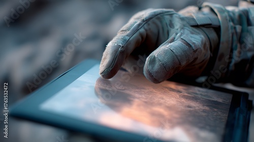extreme close-up of soldier’s gloved hand tapping drone control tablet with live video feed
