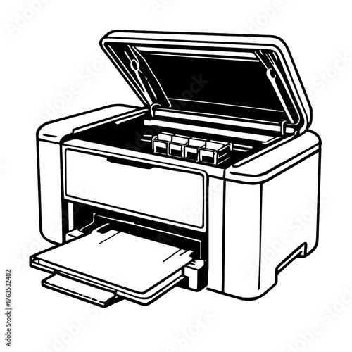 Vector line art of an open all-in-one inkjet printer, showing paper output and ink cartridges under the raised scanner lid – ideal for home/office printing, scanning, copying