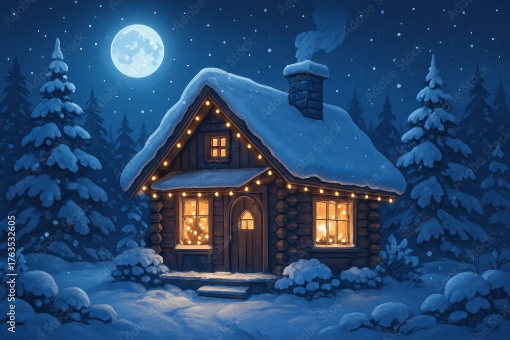 Naklejka premium Cozy cabin under moonlight.