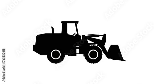Black silhouette of construction bulldozer on white background