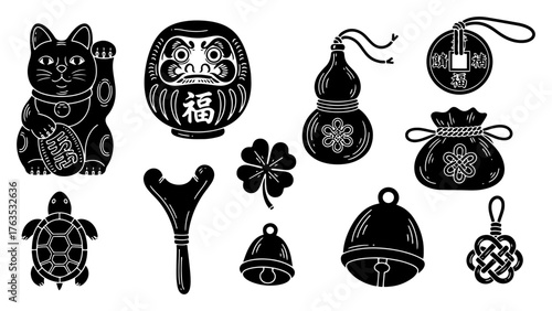 Collection of Asian good luck symbols. Japanese and Chinese traditional amulets vector icons