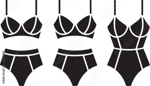 A set of minimalist and modern women's apparel, including two-piece lingerie sets and a one-piece bodysuit with clean lines