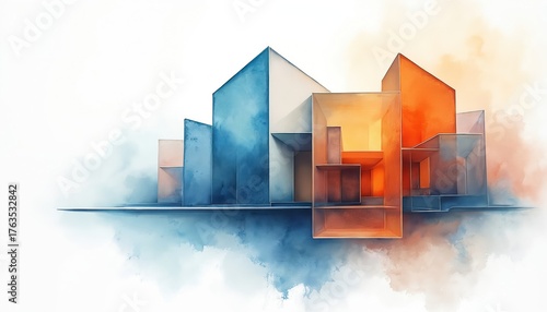 Abstract geometric structures form a modern city skyline. Buildings in blue and orange hues appear to float on clouds. Clean lines and soft watercolor textures define the architectural concept art.