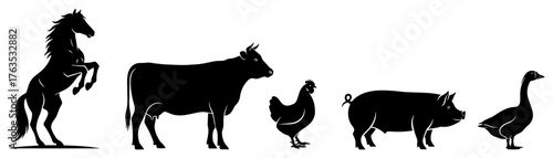 Farm animals silhouettes vector set. Horse cow chicken pig and goose icons for agriculture