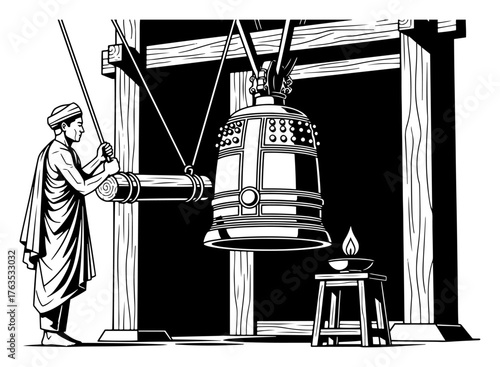 Buddhist monk ringing a large temple bell. Asian spiritual ceremony black and white vector illustration