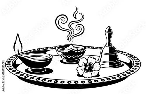 Puja Thali vector illustration. Hindu ritual Aarti plate for worship and Diwali festival