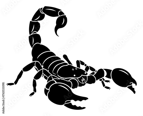Scorpion with Raised Stinger and Pincers Dangerous Venomous Arachnid Black and White Vector