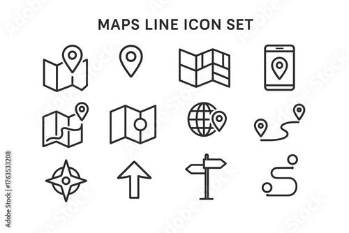 Maps line icon set featuring location markers and navigation symbols  