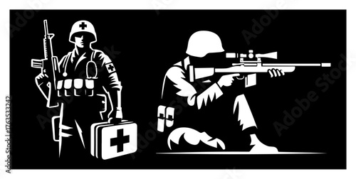 Combat medic and sniper silhouettes. Military army soldier vector icon set