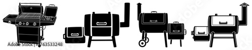 Barbecue Grill and Smoker Icon Set Gas Charcoal and Offset Outdoor Cooking Equipment Vector