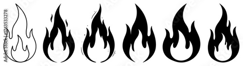 Fire flame vector icon set. Collection of hot bonfire and blaze silhouettes