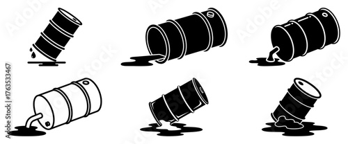 Leaking Oil Barrel Icon Set Spilled Toxic Drum Environmental Pollution Hazard Black and White Vector