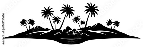 Tropical island with palm trees silhouette vector icon. Summer vacation and travel landscape symbol