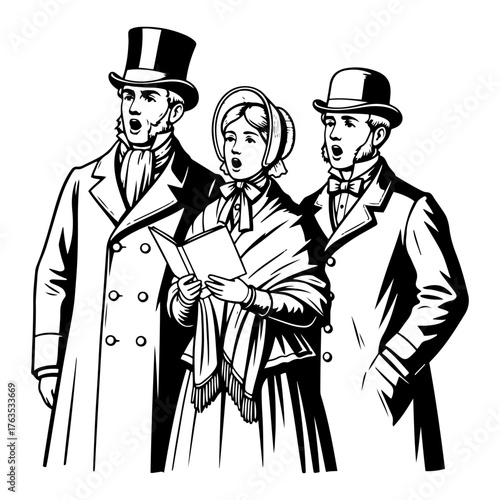 Christmas carolers singing vintage vector illustration. Victorian people celebrating holiday season