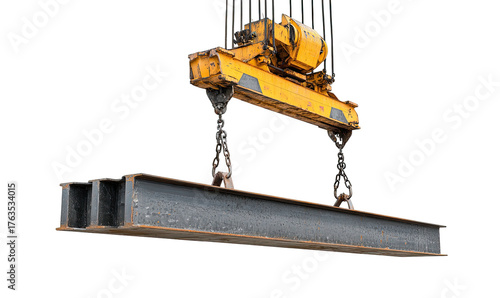 Heavy industrial overhead crane lifting a large steel beam, isolated on a stark black background