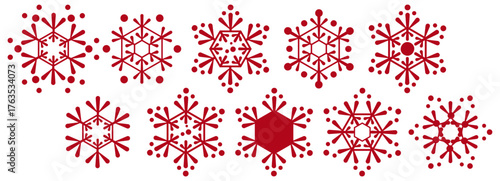 Geometric hexagonal snowflakes. Set of vector isolated silhouettes of snow elements. Traditional holiday symbols cold weather and frost. Selection of individual icons of various shapes in flat style