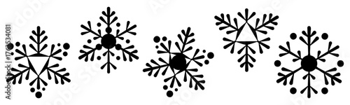 Isolated snowflake silhouettes with asymmetrical shapes. Stylish vector set, snow symbol selection. Set of unusual winter precipitation icons. Christmas festive horizontal design.
