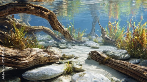 Underwater scene depicts a clear-water environment. Sunlit plants and driftwood sit upon a sandy, stony seabed. Reflections ripple