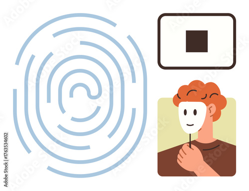 Fingerprint design, face holding mask for anonymity, pause or restriction symbol. Ideal for privacy, data security, anonymity, identity protection, technology, digital ethics simple flat metaphor