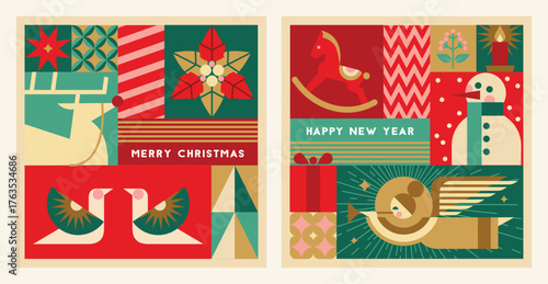Set of Christmas patterns and elements in flat geometric style. Christmas gift wrapper or advent calendar design.

