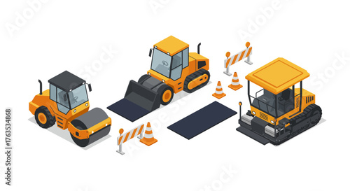 Construction machinery in isometric style featuring roller, bulldozer, and ba…